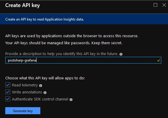 Example of creating an API key in Azure.