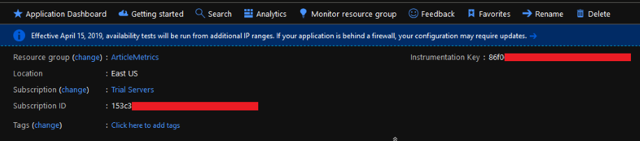 Example of the Azure API key for Instrumentation and Subscription.