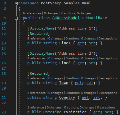 Each code element enhanced by PostSharp is underlined.