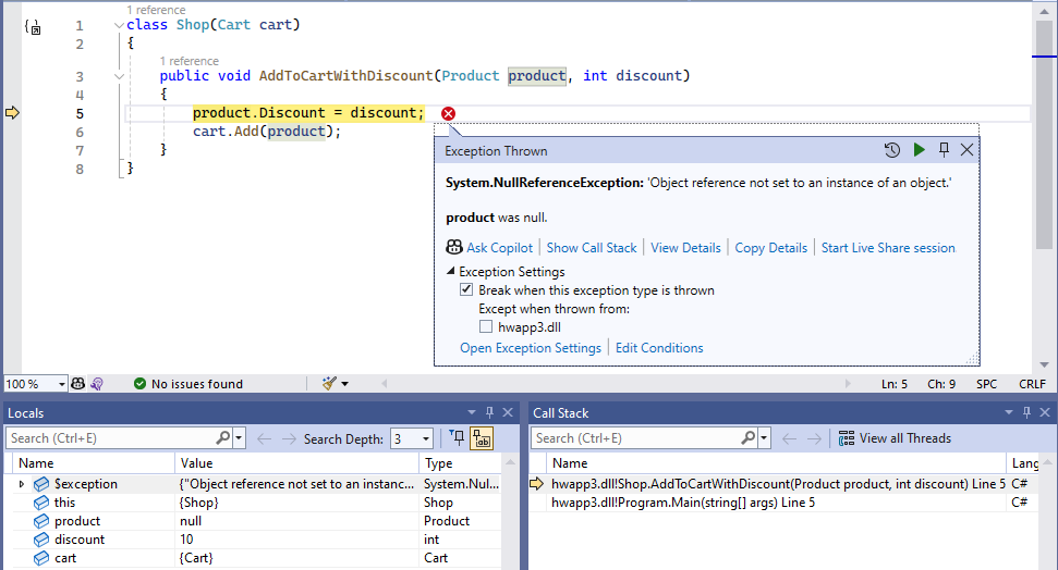Visual Studio in debugger mode with NullReferenceException shown