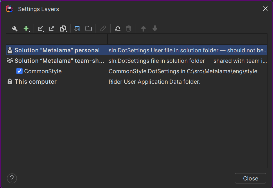 Layers options dialog in Rider