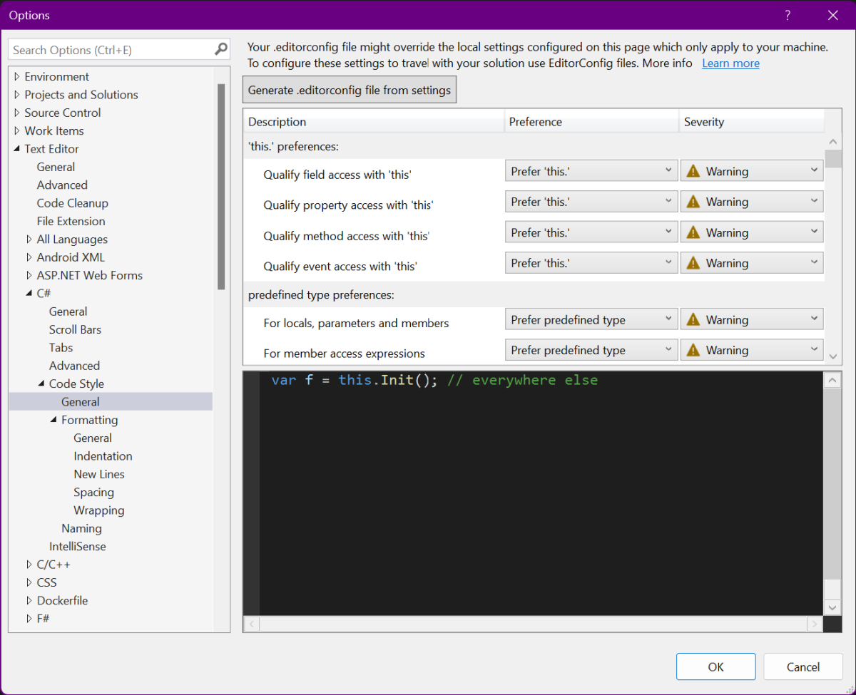 Code Style options dialog in Visual Studio