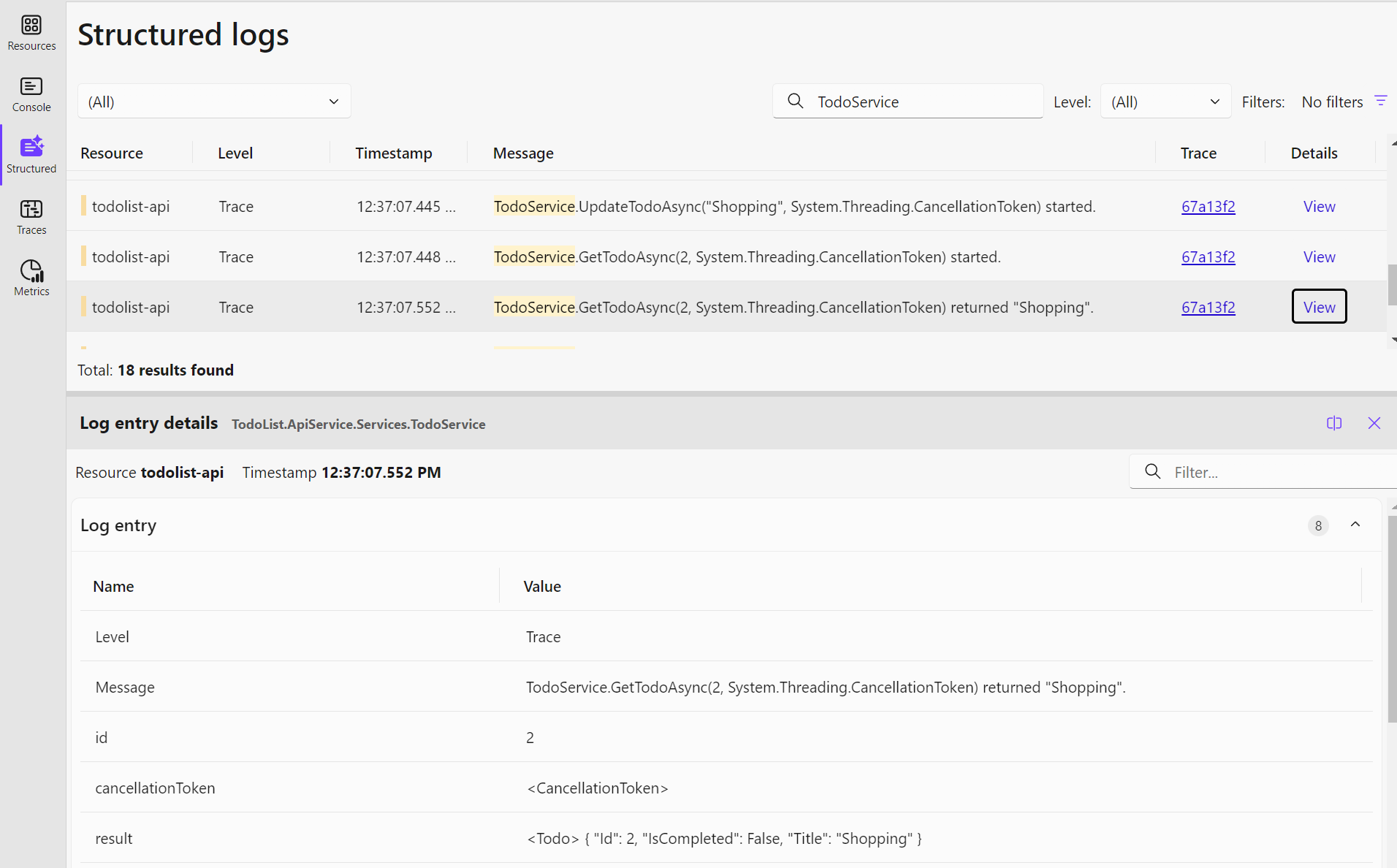 .NET Aspire dashboard showing structured log of method calls.